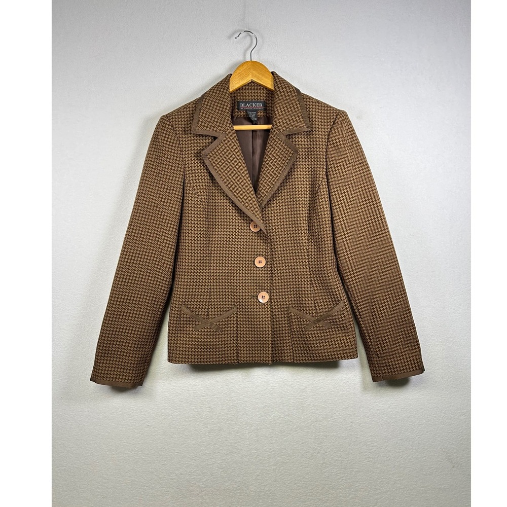 Blacker‎ by Stanley Blacker Blazer Womens 8 Brown Houndstooth Ribbon Trim Jacket
